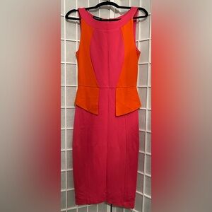 BEBE Vibrant Pink and Orange Colorblock Peplum Midi Dress